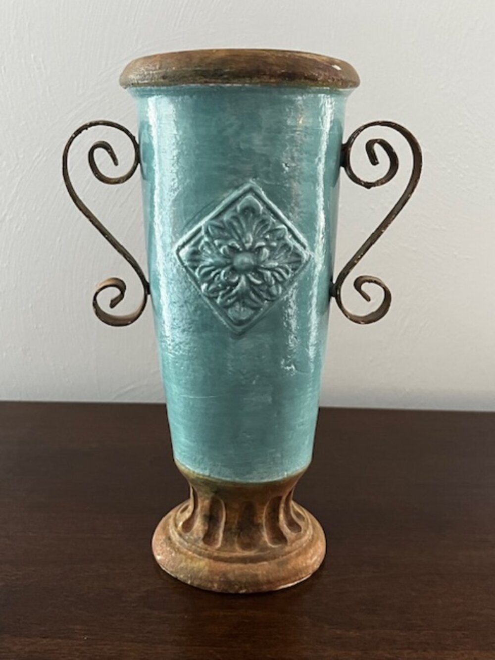 Glazed Ceramic Planter Vase Distressed Rustic Tuscan Scroll Metal Handles Aqua